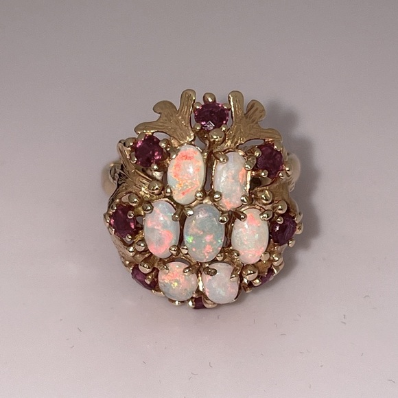Solid Real 14K Yellow Gold Leaves Opal Ruby Bold Statement Ring Vintage Antique - Picture 10 of 17
